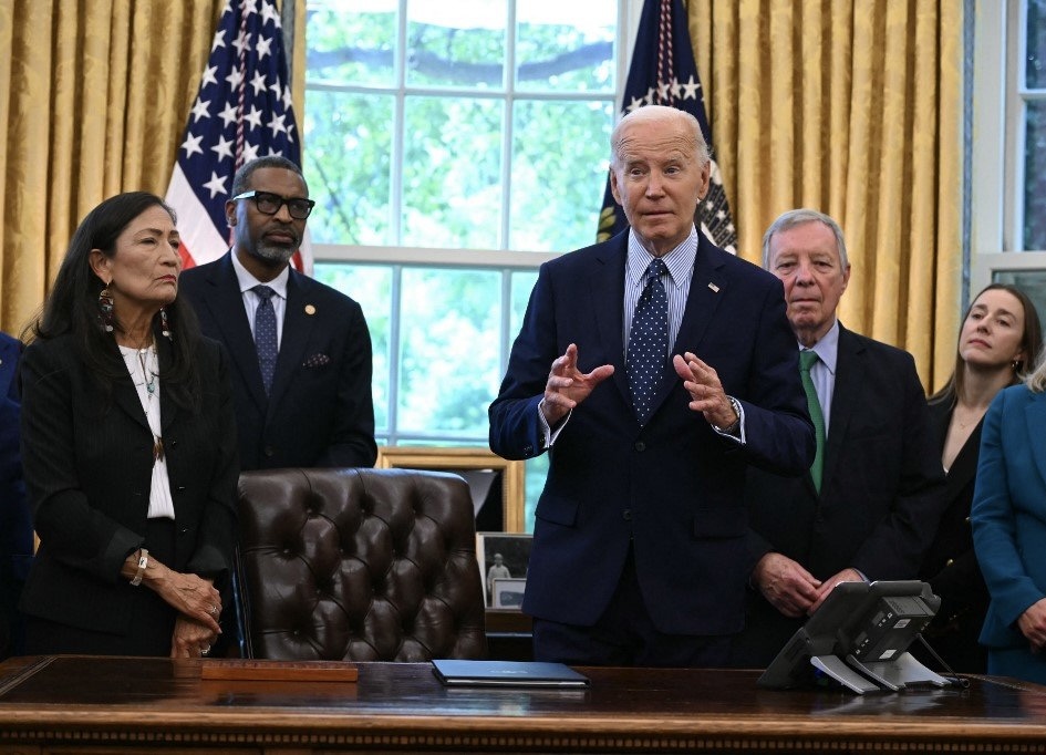 US President Joe Biden speaks about a Gaza ceasefire deal before signing a proclamation to designate the Springfield 1908 Race Riot National Monument, in the Oval Office of the White House in Washington, DC, August 16, 2024. The Springfield, Illinois, race riot between August 14 and 16, 1908, left some 17 people, Black and White, dead. (Photo by ANDREW CABALLERO-REYNOLDS / AFP)