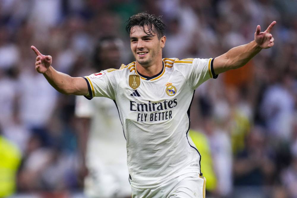 Real Madrid's Brahim Diaz celebrates after scoring the opening goal during a Spanish La Liga soccer match between Real Madrid and Las Palmas, at Santiago Bernabeu stadium, in Madrid, Wednesday, Sept. 27, 2023. (AP Photo/Manu Fernandez)